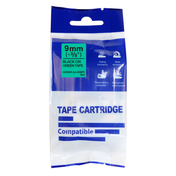 SBT tape for Epson LK3GBP 9mm x 8m Black on Green, standard label - Image 2